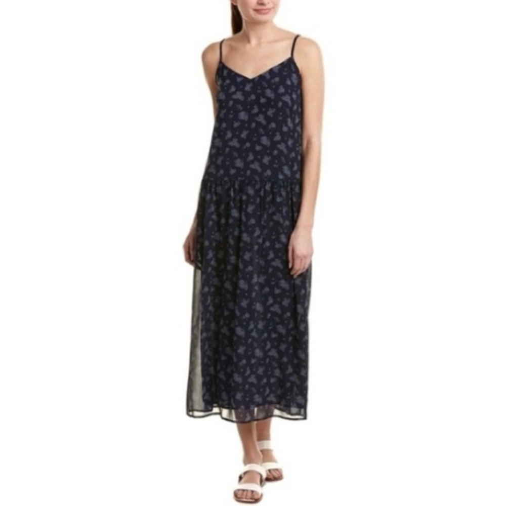 Vince Blue Calico Floral Print Silk Shirred-Waist Spring Wedding Guest Dress